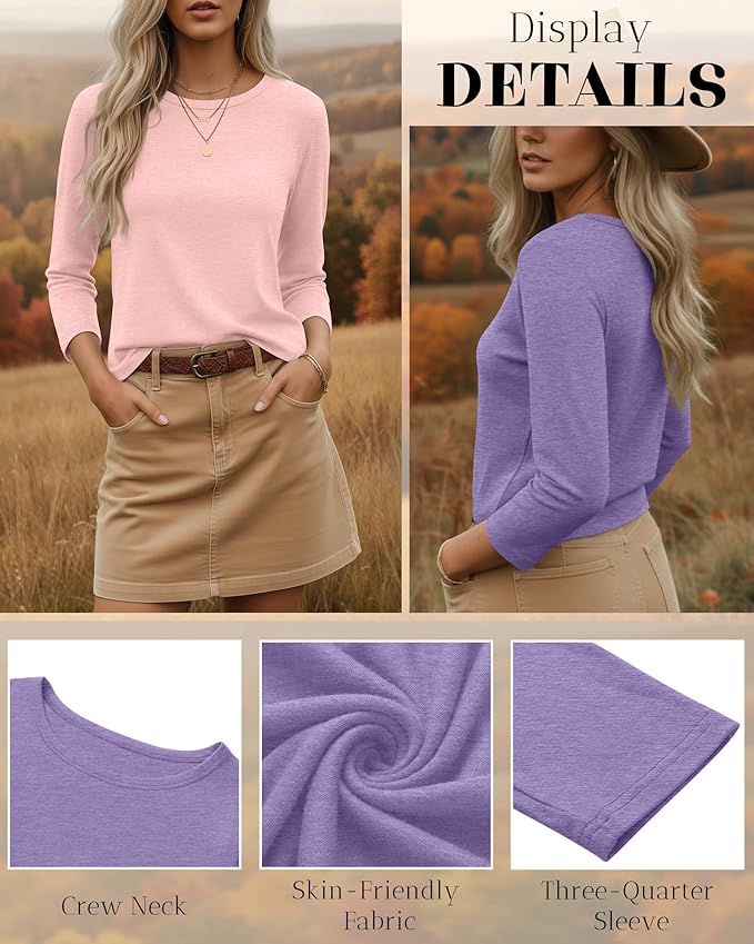 Ficerd 3 Pack 3/4 Sleeve Tops for Women Round Neck Dressy Basics Tees Casual Trendy Loose Fit T Shirts