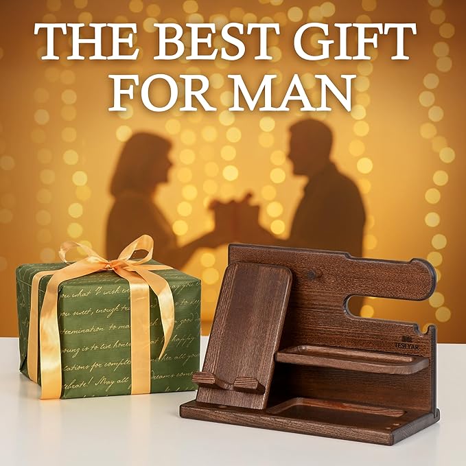 TESLYAR Wood Phone Docking Station for Men - Desk or Nightstand Organizer - Birthday Gifts for Husband, Dad - Anniversary Idea from Wife - Key Holder, Stand Wallet, Watch & Essentials (Bourbon Brown)