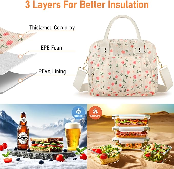 Lunch Bag Large Insulated Lunch Box for Women Men Adult Cute Pink Floral Lunchbox Corduroy Lunch Bags Boxes Pail with Shoulder Strap for Work Mom Picnic Office Travel 11.4×6.8×9.1 inches 11.5L Beige
