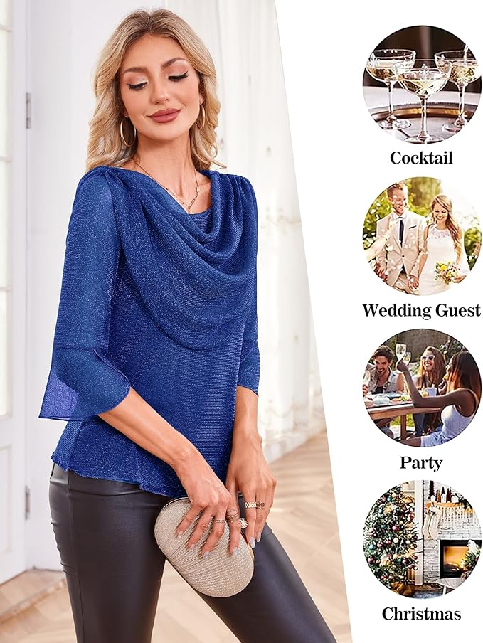 Lotusmile Blouses for Women Dressy Casual 3/4 Sleeve Cowl Neck Sparkly Tops Cocktail Shirts for Evening Party