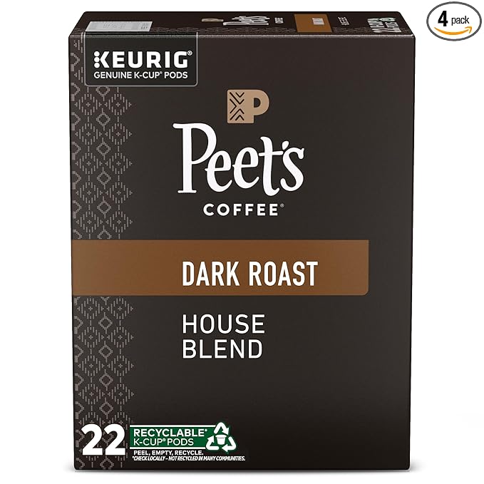 Peet's Coffee, Dark Roast Keurig K-Cup Pods - House Blend 88 Count (4 Boxes of 22 Pods)