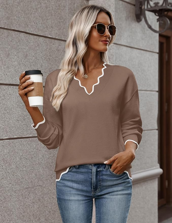 Zeagoo Women's 2026 Fall V Neck Sweater Casual Long Sleeve Lightweight Ribbed Knit Pullover Sweaters Dressy Casual Tops