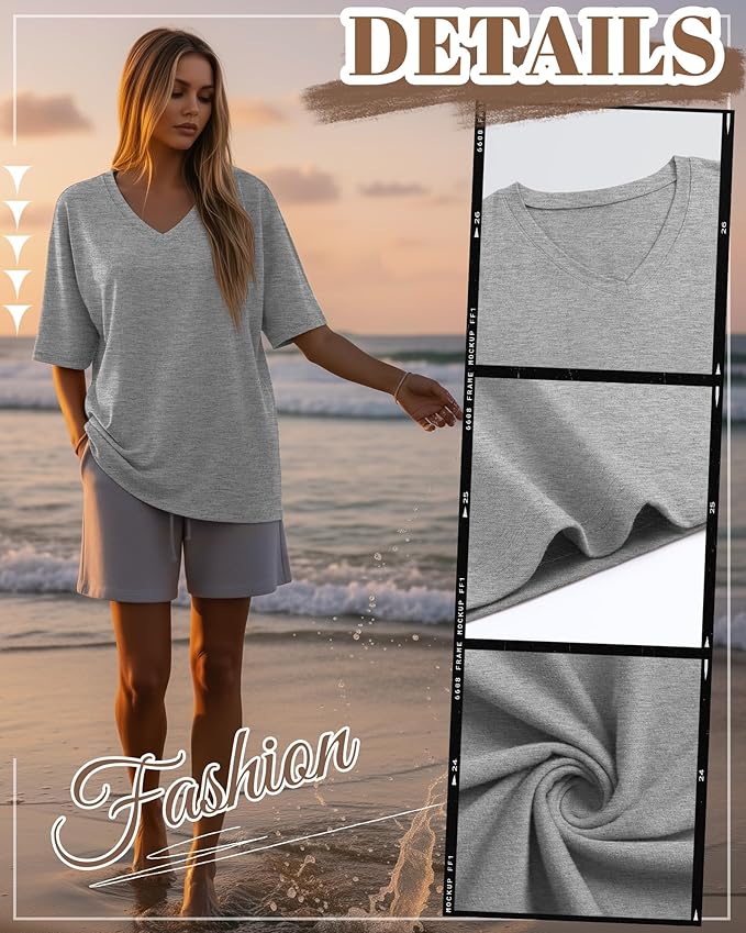 Huukeay Women's Cotton Oversized T Shirts 3 Pack V Neck Loose Fit Half Sleeve Tops Baggy Casual Summer Gym Workout Tees 2026
