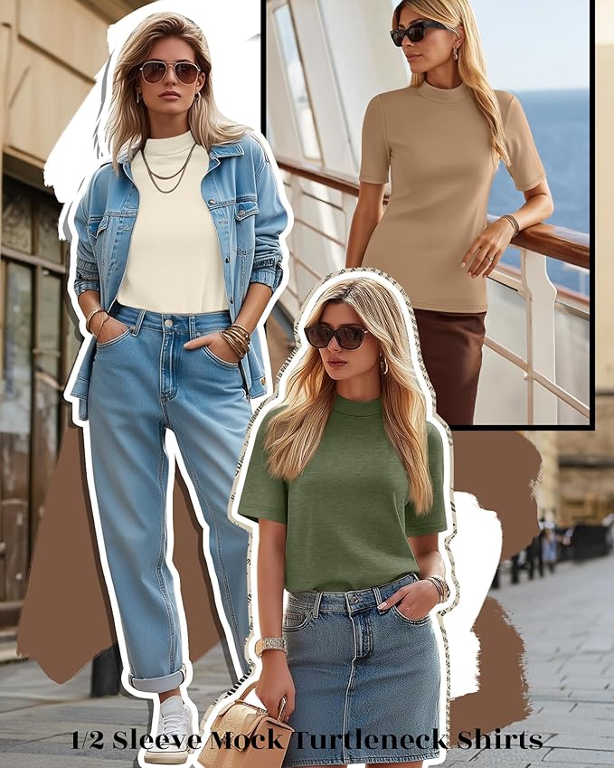 Ficerd 3 Pack Women's 1/2 Sleeve Mock Turtleneck Shirts, Elbow Length Shirt Half Sleeve Tunic Top Casual Summer Basic Tees