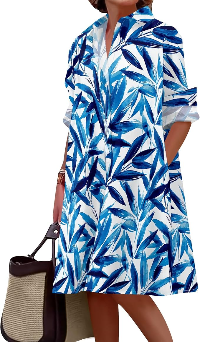 Shirt Dresses for Women 2025 Summer Long Sleeve Casual Plus Size Floral Printed Beach Vacation Dress with Pockets