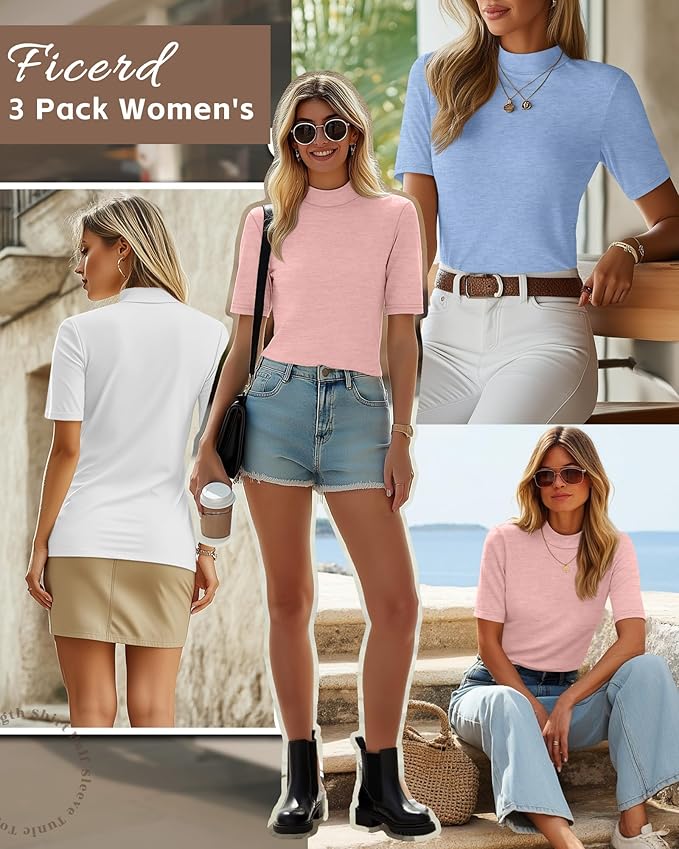 Ficerd 3 Pack Women's 1/2 Sleeve Mock Turtleneck Shirts, Elbow Length Shirt Half Sleeve Tunic Top Casual Summer Basic Tees