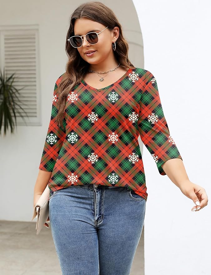 TFSDOD Womens Plus Size Tops V Neck T Shirts 3/4 Sleeve Blouse Summer Casual Tees XL-5X