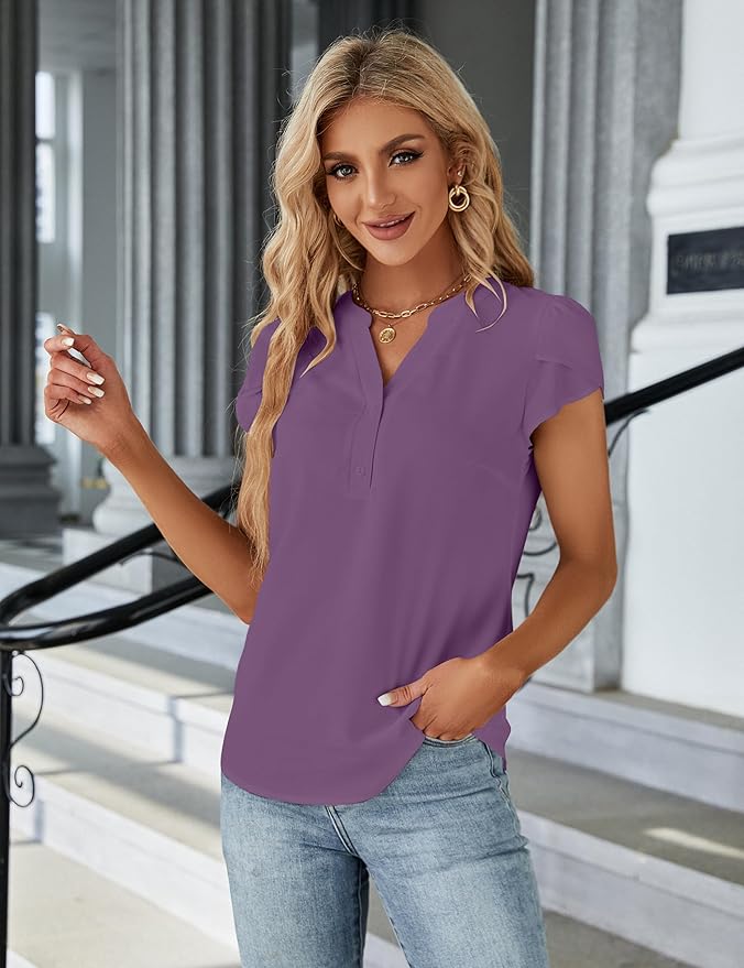 Blooming Jelly Women's Dressy Casual Tops Business Work Blouses White Button Down Shirts Cap Sleeve V Neck Tshirt