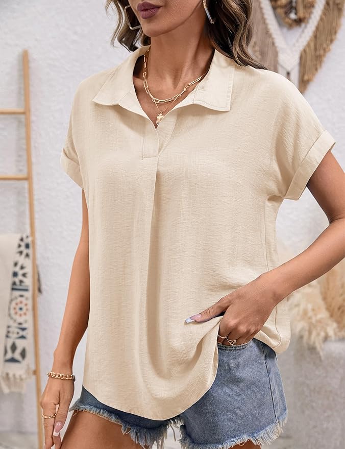 LOMON Women Blouses Spring Summer Tops for Women 2026 Short Sleeve V Neck Dressy Casual Collared Shirts Work Office