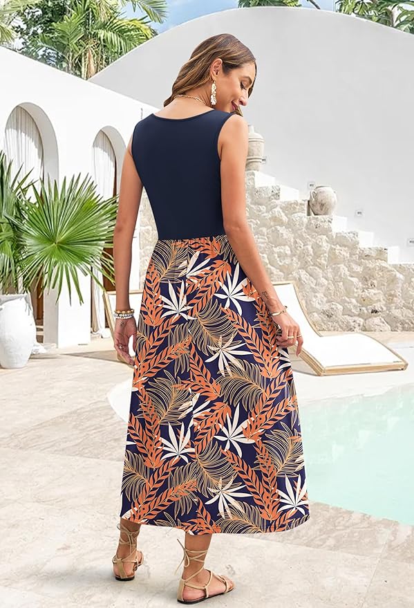 WNEEDU Women's Summer Maxi Dress 2026 Casual Sleeveless Hawaiian Sundress Tropical Long Dress Beach Vacation Outfit