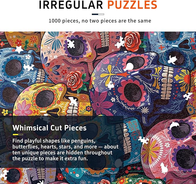Naturelish 1000 Piece Puzzle for Adults, Colorful Floral Skull Artwork with Matte Finish, Color-Coded Back for Easy Sorting, Vibrant Art Puzzle for Adults, 19.25 x 26.65 in