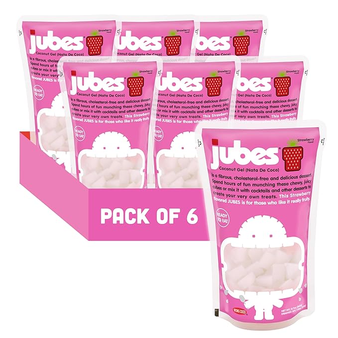 Jubes Strawberry Nata De Coco Jelly Cubes (12.7 oz, Pack of 6) - Strawberry Coconut Jelly Cubes for Sago - Coconut Gel in Syrup Toppings for Fruit Tea, Boba, Bubble Tea, Drinks, Desserts Yogurt, Ice Cream, Beverage