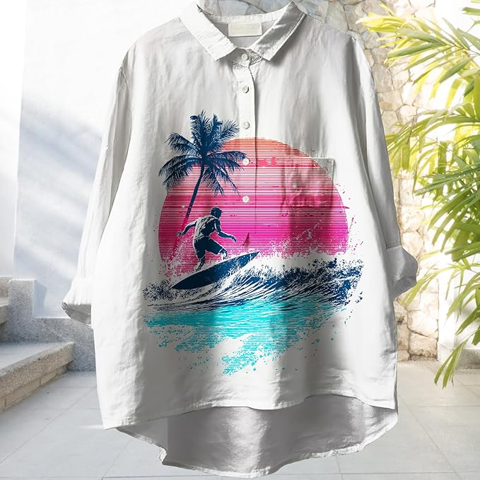 Womens Boho Tops 3/4 Long Sleeve Floral Blouses Hawaii Beach Button Down Shirts V Neck Pullover Casual Tunics