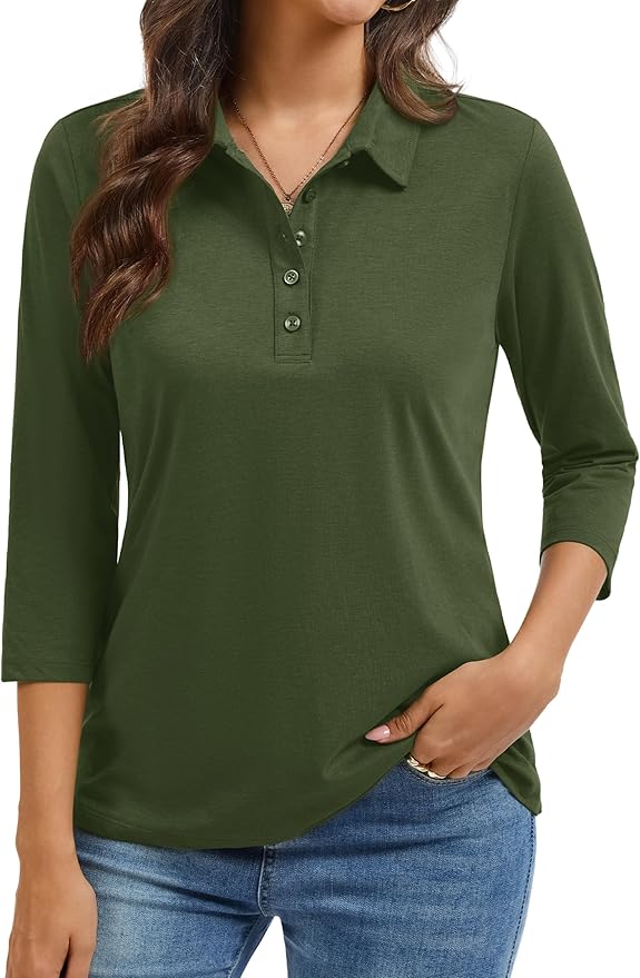 YUCOLEN Polo Shirts for Women 3/4 Sleeve Tops Golf Tees 5-Button Collared Cotton Shirt Business Casual