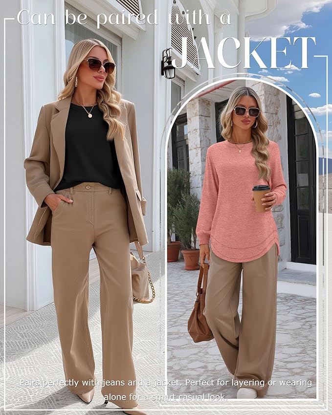 Ficerd 3 Pack Women's Long Sleeve Shirts, Cotton Crew Neck Tunic Tops Casual Loose Fit Pullover Sweatshirts Curved Hem Shirts