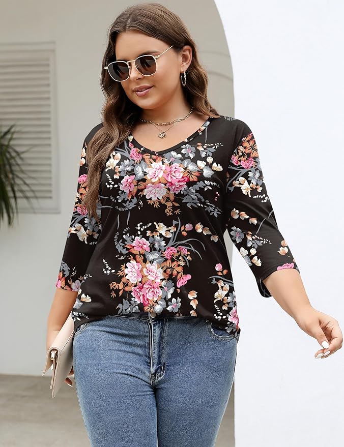 TFSDOD Womens Plus Size Tops V Neck T Shirts 3/4 Sleeve Blouse Summer Casual Tees XL-5X