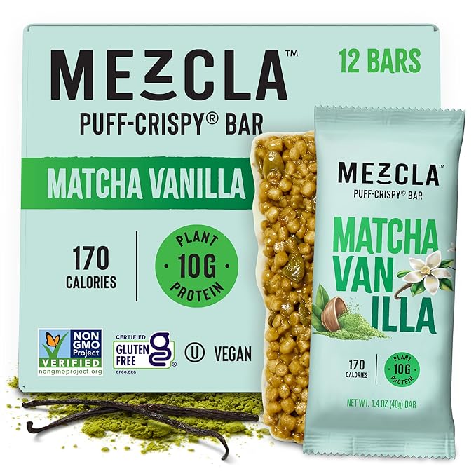Mezcla Puff Crispy Protein Bars, Gluten Free & Vegan Protein Bars, 10g Protein, Alt for Crispy Rice Treat, Granola Bars & Breakfast Bars, Healthy Snacks for Adults, Matcha Vanilla, 12 Pack