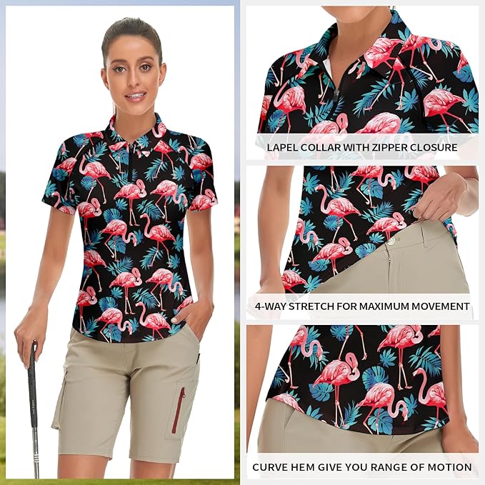 Women's Golf Shirt Short Sleeve Tennis Shirt Quarter Zip Golf Pullover Golf Polo Shirts Argyle Tops