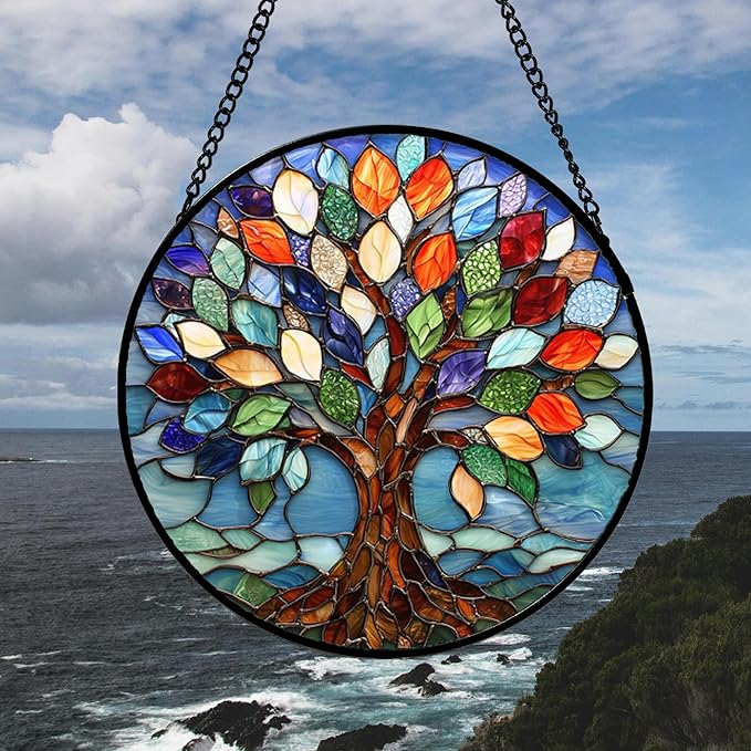 Stained Glass Window Hanging, Colorful Tree of Life Sun Catchers Glass Panel Blue Suncatcher Decor for Birthday for Women, Men, Wife, Aunt, and Mom 14.9x14.9 in