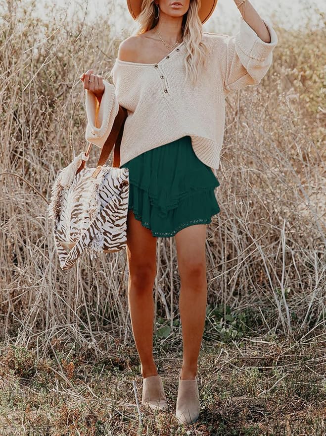 Aoudery Flowy Shorts for Women Casual Boho Ruffle Tiered Skorts High Waist Mini Skirts Golf Tennis Crochet Shorts