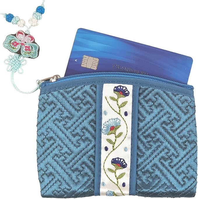 Seoulful Vintage Korean Embroidered Card Pouch - Wildflower Design Coin Purse with Butterfly Charm - Traditional Korean New Year's Gifts (Red)