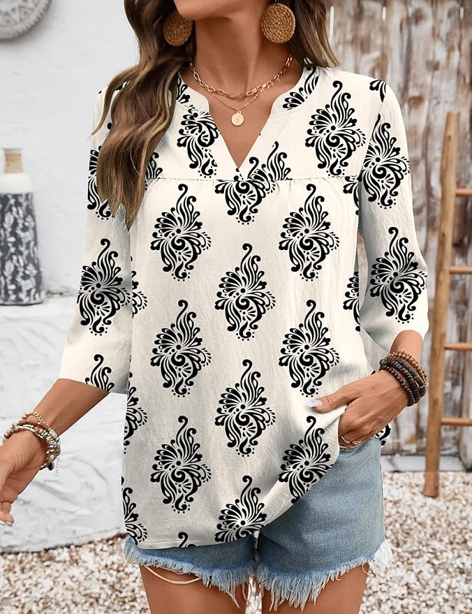 Rapbin Womens 3/4 Sleeve V Neck Floral Print Pleated Blouses for Women Dressy Casual Loose Fit Tops