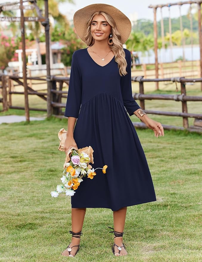 ZEAGOO 3/4 Sleeve Women's Dress Casual Flowy A-Line Midi Tshirt Dresses with Pocket Empire Waist Summer Boho Beach Sundress