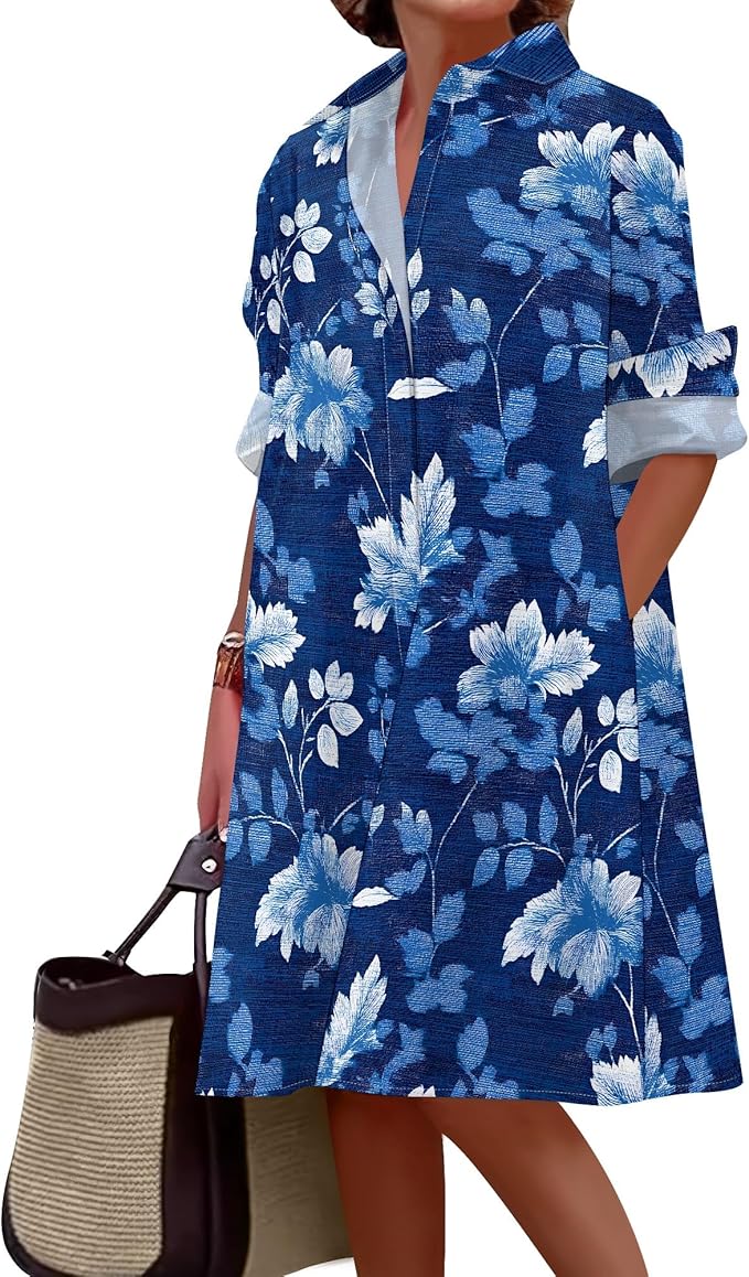 Shirt Dresses for Women 2025 Summer Long Sleeve Casual Plus Size Floral Printed Beach Vacation Dress with Pockets