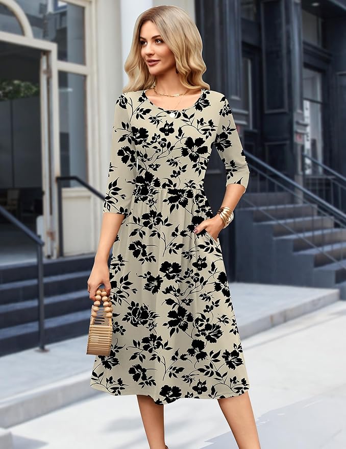 Zeagoo 3/4 Sleeve Women's Dress Casual Flowy A-Line Midi Tshirt Dresses with Pockets Crewneck Vocation Boho Beach Sundress