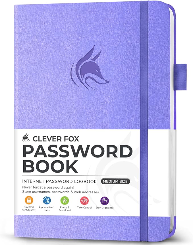 Clever Fox Password Book with alphabetical tabs. Internet Address Organizer Logbook. Medium Password Keeper for Website Logins (Lavender)