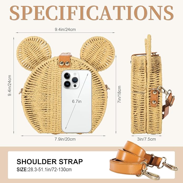 Round Rattan Straw Bag Purse for Women Handmade Cute Mouse Ear Wicker Woven Purse Crossbody Shoulder Bag Handbag