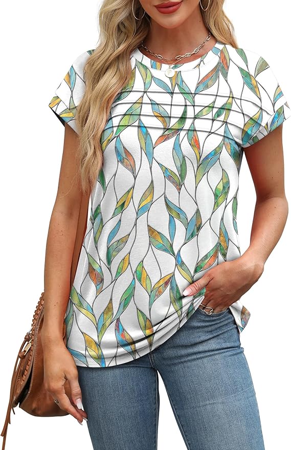 WEESO Womens Summer Tops Trendy 2026 Cap Sleeve T Shirts Crew Neck Pleated Front Beach Vacation Clothes Fashion