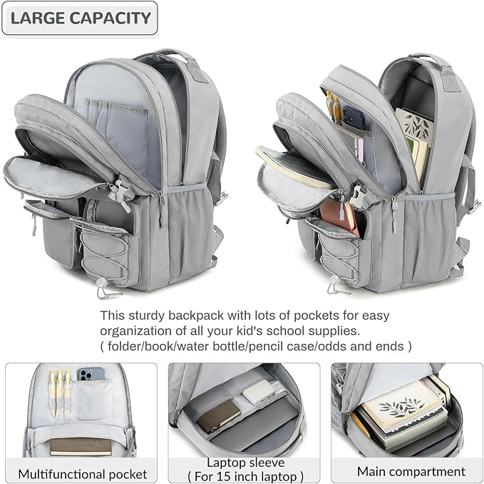 Lohol Water Resistant Daypack with Mulitiple Pockets for School Travel Outdoor College, 15.6 inch Laptop Backpack for Men and Women (Grey)