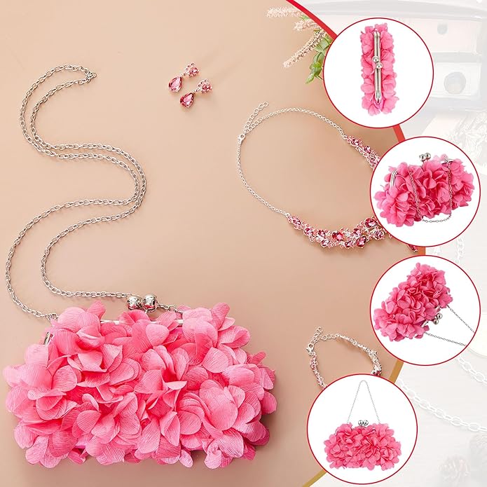 4 Pcs Flower Clutch Rhinestone Jewelry Set Rose Clutch Handbags with Detachable Strap Detachable Necklace Earrings Bracelets for Wedding Party Prom Valentine Gift