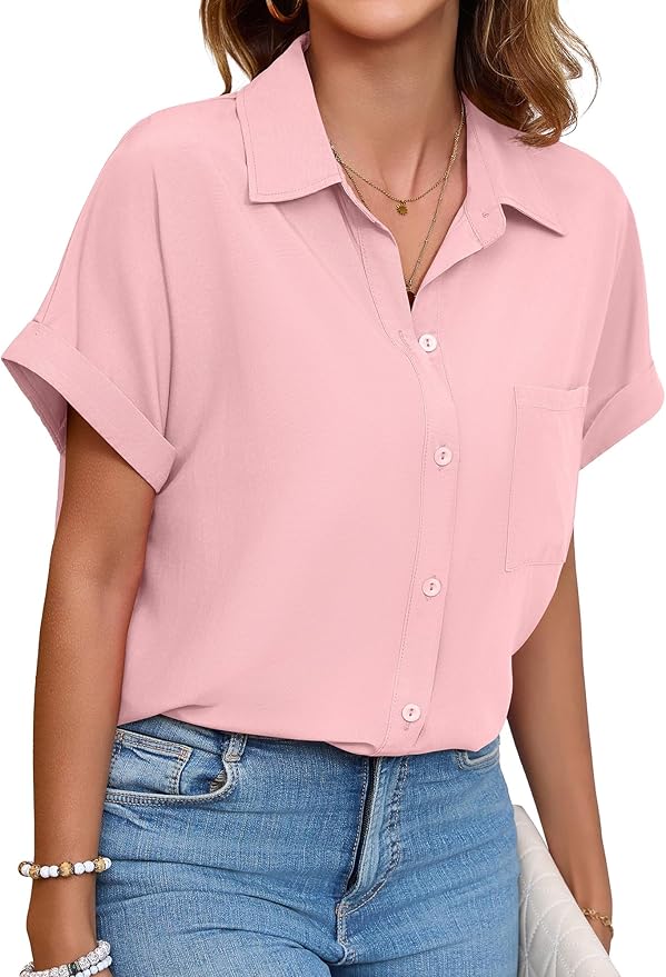 Womens Button Down Shirt Casual Short Sleeve Collared Work Blouse with Pocket