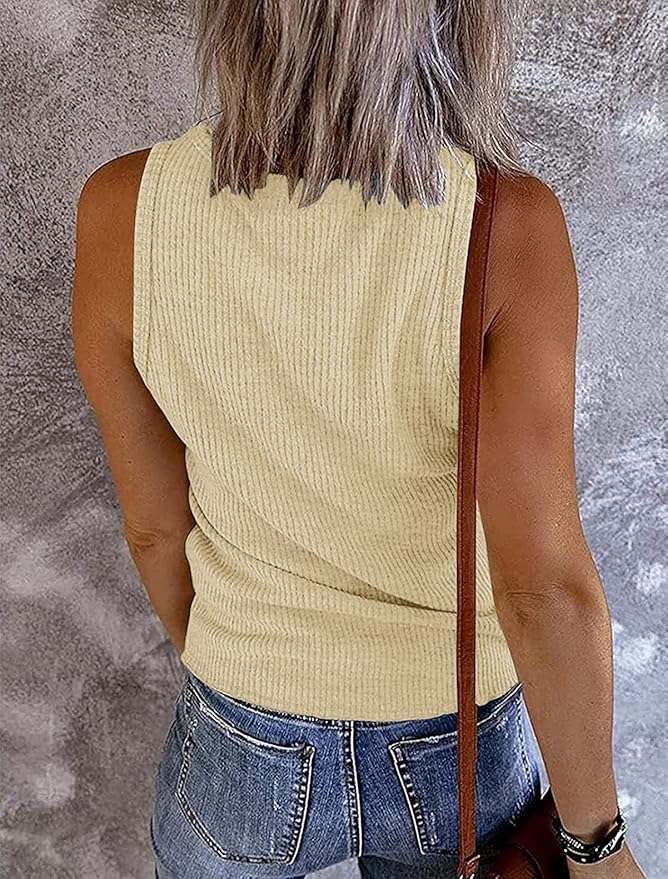 MEROKEETY Women's 2026 Summer Sleeveless Tank Tops V Neck Ribbed Dressy Casual Henley Shirts Button Loose Cami Tees