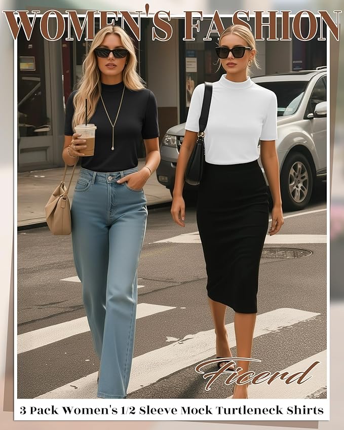 Ficerd 3 Pack Women's 1/2 Sleeve Mock Turtleneck Shirts, Elbow Length Shirt Half Sleeve Tunic Top Casual Summer Basic Tees