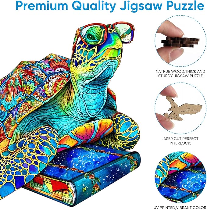 Reouinty Wooden Puzzles for Adults 500 Pieces, Glasses Sea Turtle Deep Blue Jigsaw Puzzles, Unique Shape Animal Adult Puzzles, Irregular Wood Puzzles Best Gift for Adults Family Game(16.9 * 16.8 in)