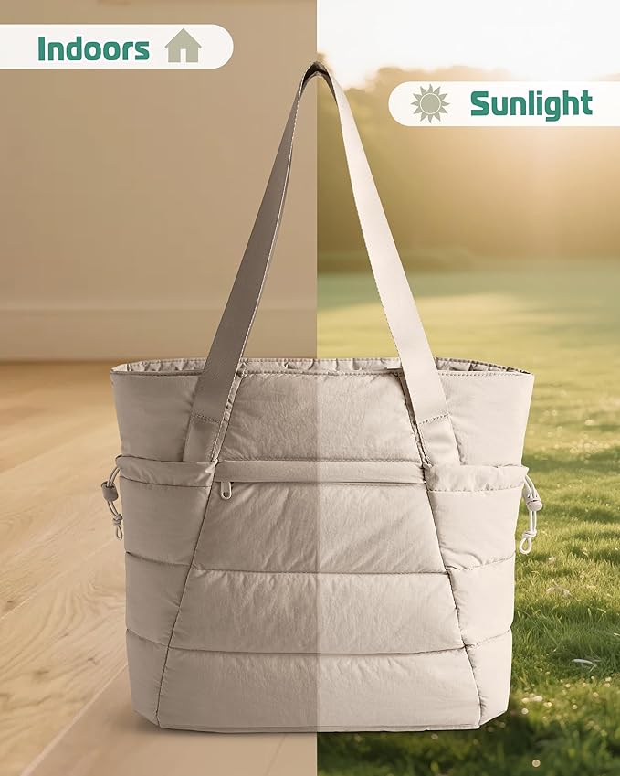 Puffer Tote Bag for Women, Lightweight Tote Bag for Work and School, Khaki