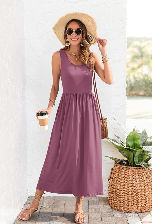 WNEEDU Women's Summer Maxi Dress 2026 Casual Sleeveless Hawaiian Sundress Tropical Long Dress Beach Vacation Outfit