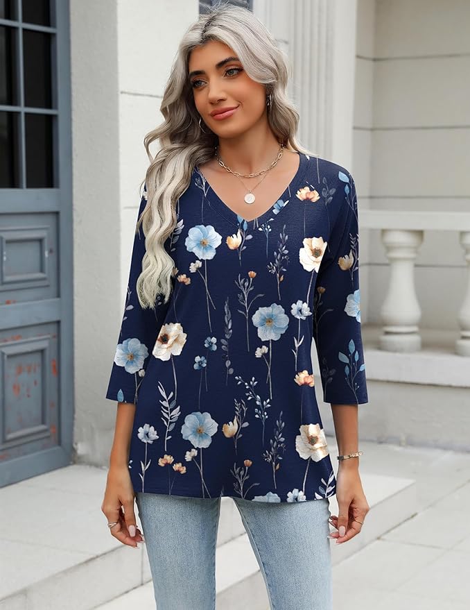 Zeagoo 3/4 Length Sleeve Womens Tops Casual V Neck Shirts Soft Basic Tees Business Work Blouses