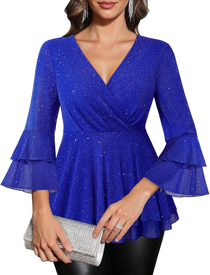 Lotusmile Women's Dressy Blouses Ruffle 3/4 Sleeve Peplum Sparkly Tops