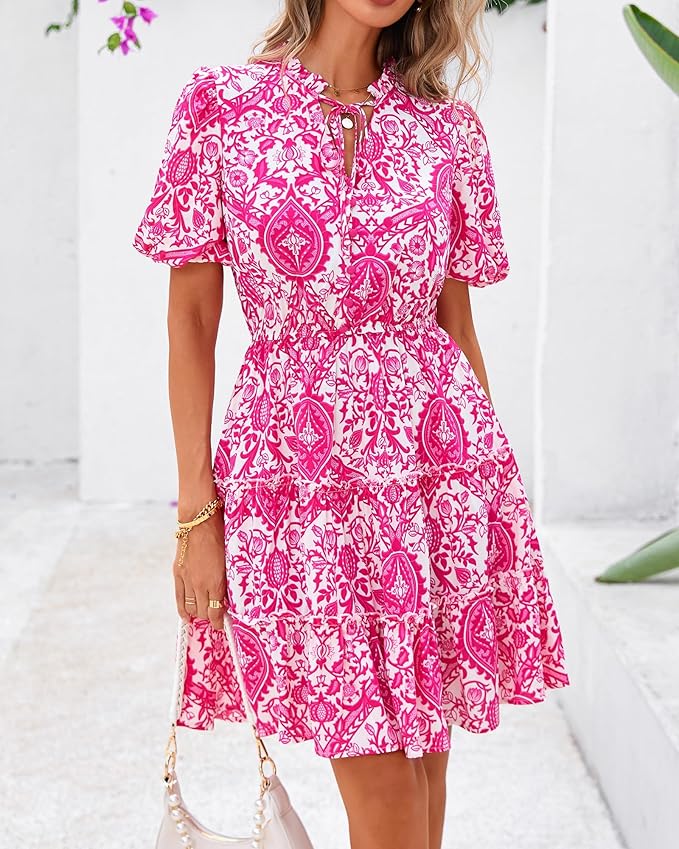 BTFBM Women Summer Floral Short Dresses V Neck Short Sleeve Tiered Ruffle Boho Swing Dress A-Line Mini Dresses
