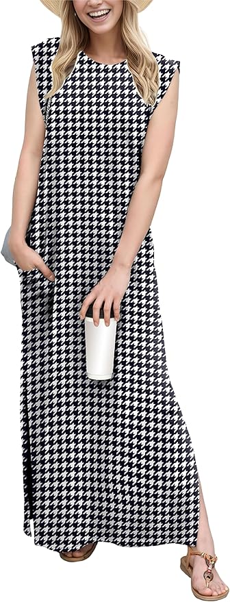 GRECERELLE 2026 Women Year-Round Casual Round Neck Loose Split Wrinkle-Free Long Maxi Vacation Dress with Pockets (XXS-4XL)