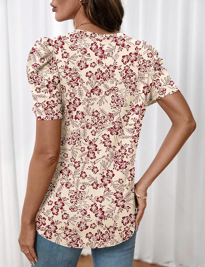 Lomon Spring Summer Tops for Women 2026 V Neck Puff Short Sleeve Tops Fashion Trendy Work Blouses Dressy Casual S-XXL