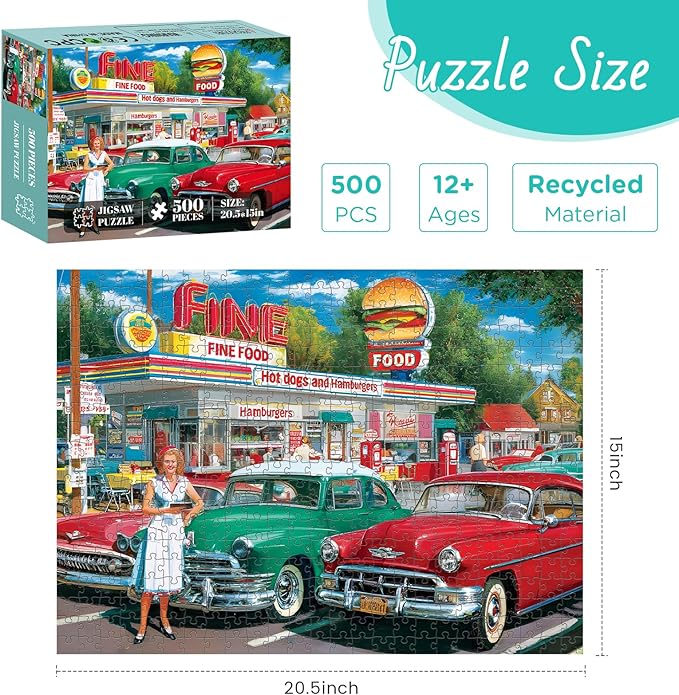 500 Pieces Jigsaw Puzzles, Retro Style 500 Piece Puzzles for Adults, Car and Food Station Jigsaw Puzzles, Interlock Perfectly Letter on Back, Home Decor Birthday Party Gift Toy Age 12+, 20.5 x 15 in