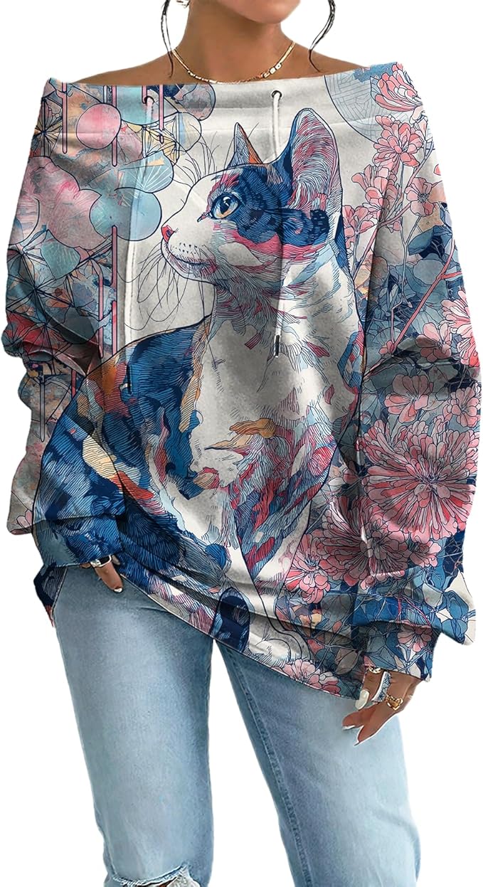Womens Sweatshirts Floral Print Sexy Off The Shoulder T Shirts Oversized Long Sleeve Pullover Fall Tops