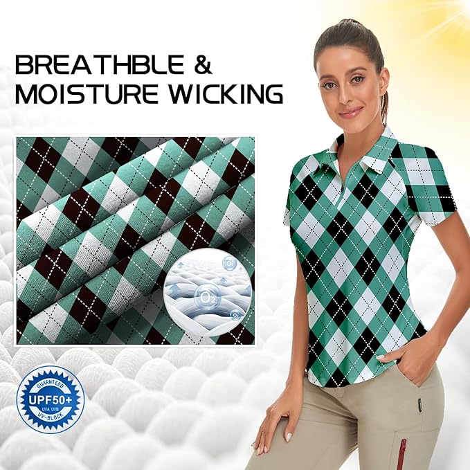 Women's Golf Shirt Short Sleeve Tennis Shirt Quarter Zip Golf Pullover Golf Polo Shirts Argyle Tops