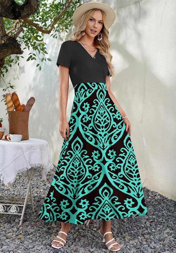 AUSELILY Maxi Dresses for Women Ankle Length Floral Print Beach Long Flowy Dress with Pockets