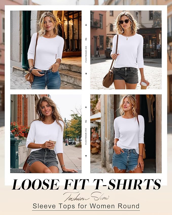 Ficerd 3 Pack 3/4 Sleeve Tops for Women Round Neck Dressy Basics Tees Casual Trendy Loose Fit T Shirts